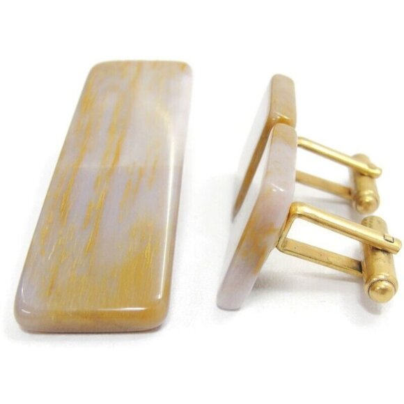 Brown Marble Cufflink & Neck Tie Clip Set Gold Tone Shirt Wedding Tux Vtg - Picture 3 of 8